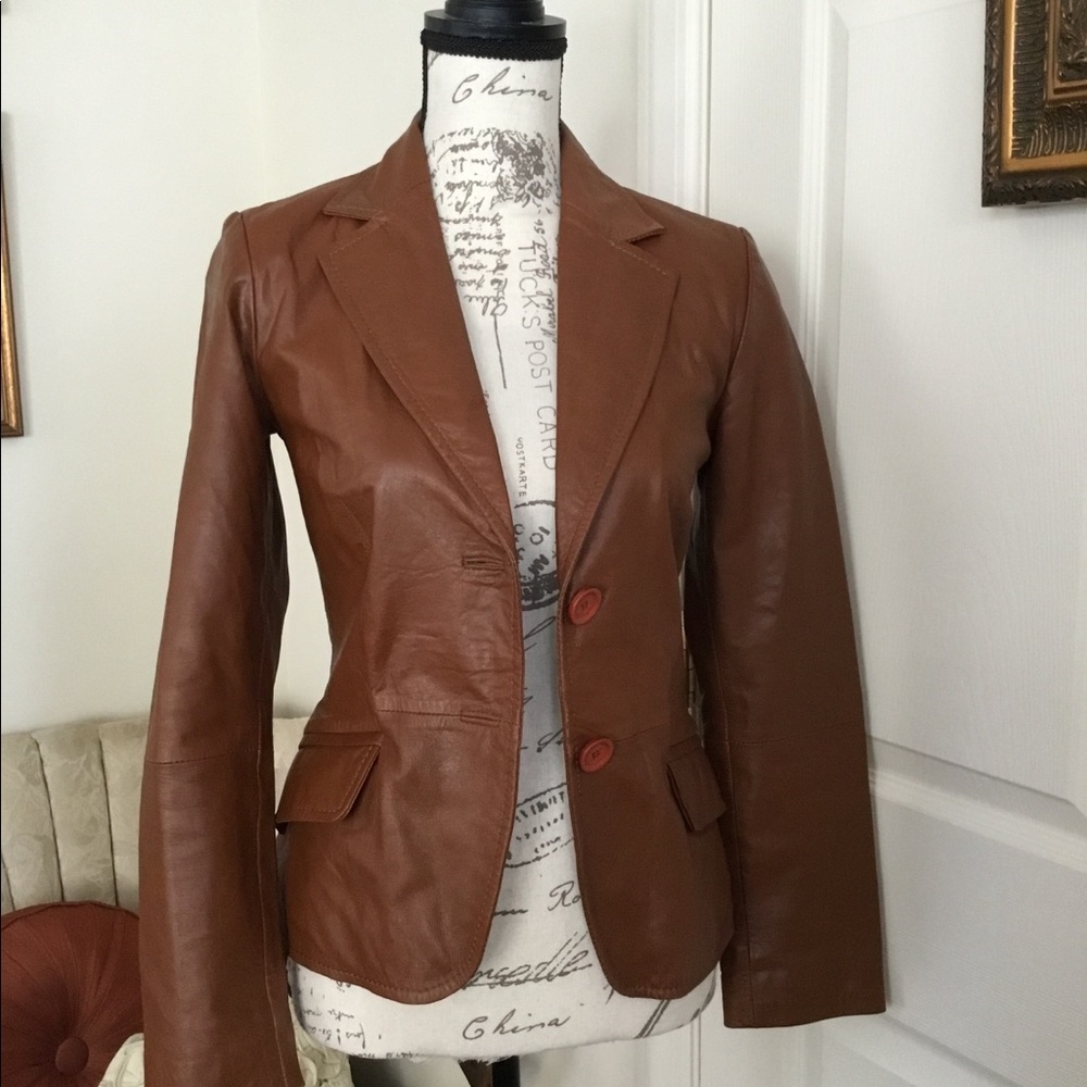 Saddle brown leather Zara two-button blazer. - Picture 1 of 4